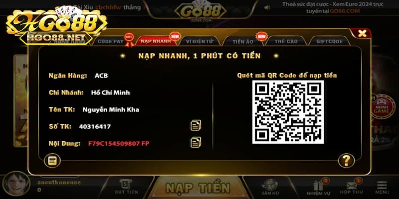 Nạp tiền Go88 với chuyển khoản ngân hàng online